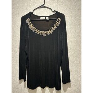 Chicos Travelers Slinky Top Womens 3 XL Black 3/4 Sleeve Metal Accents